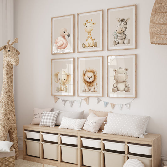 Nursery room with wooden storage unit, animal-themed wall art, and soft decor.