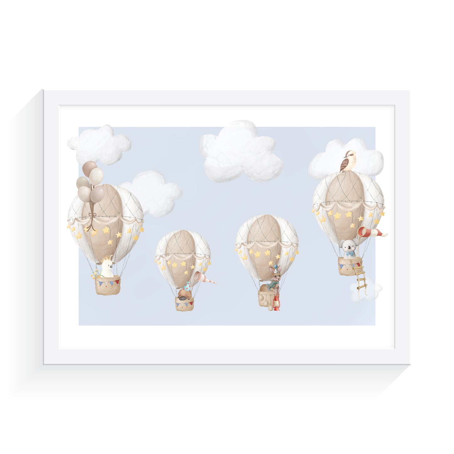 Hot Air Balloon Australian Animals Art Print | Sky Blue