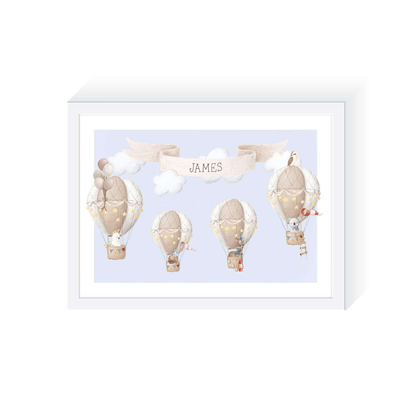 Hot Air Balloon Australian Animals | Personalised Kids Art Print | Sky Blue