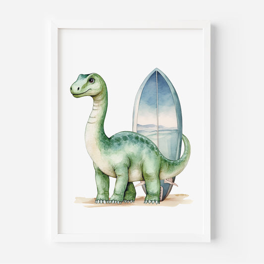 Framed illustration of a green dinosaur with a surfboard on a white background