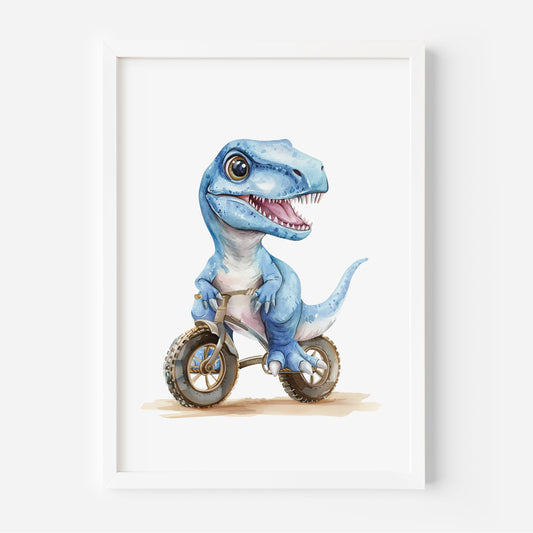Framed artwork of a blue dinosaur riding a bike on a white background