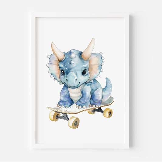 Framed artwork of a blue dinosaur riding a skateboard on a white background