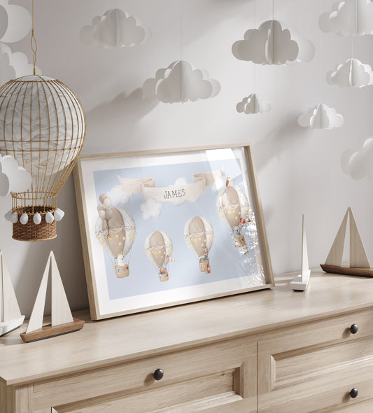 Hot Air Balloon Australian Animals | Personalised Kids Art Print | Sky Blue