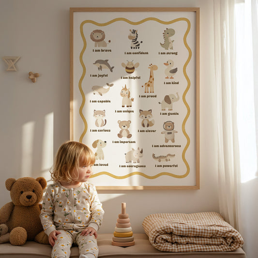 Child sitting on a bench with a teddy bear, wooden toys, and a framed poster in a room.
